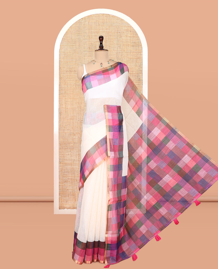 Cream-Pink Plain Handloom Cotton Saree, a Contrast Checked Border, Checked Pallu, and a Contrast Blouse