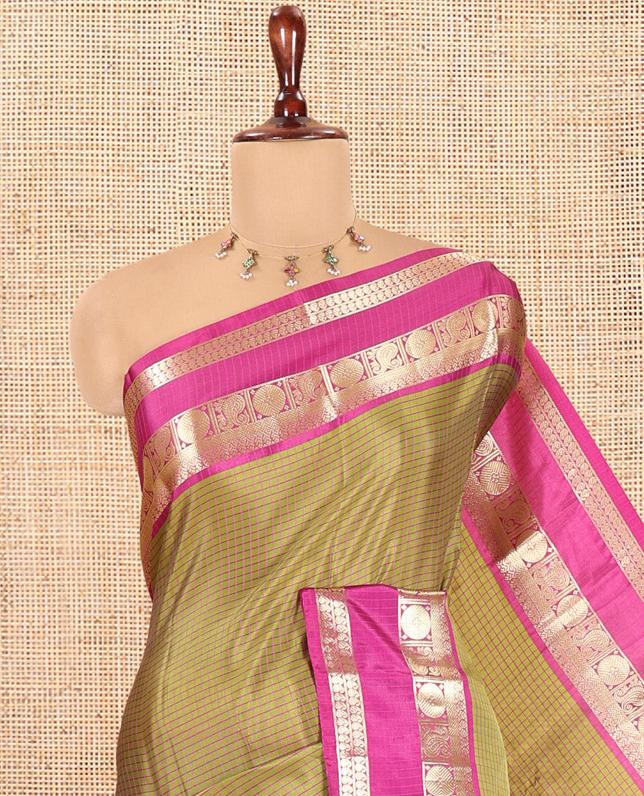Green Striped Semi-Katan Silk Saree, a Contrast Traditional Zari Border, Plain Pallu, and a Contrast Blouse