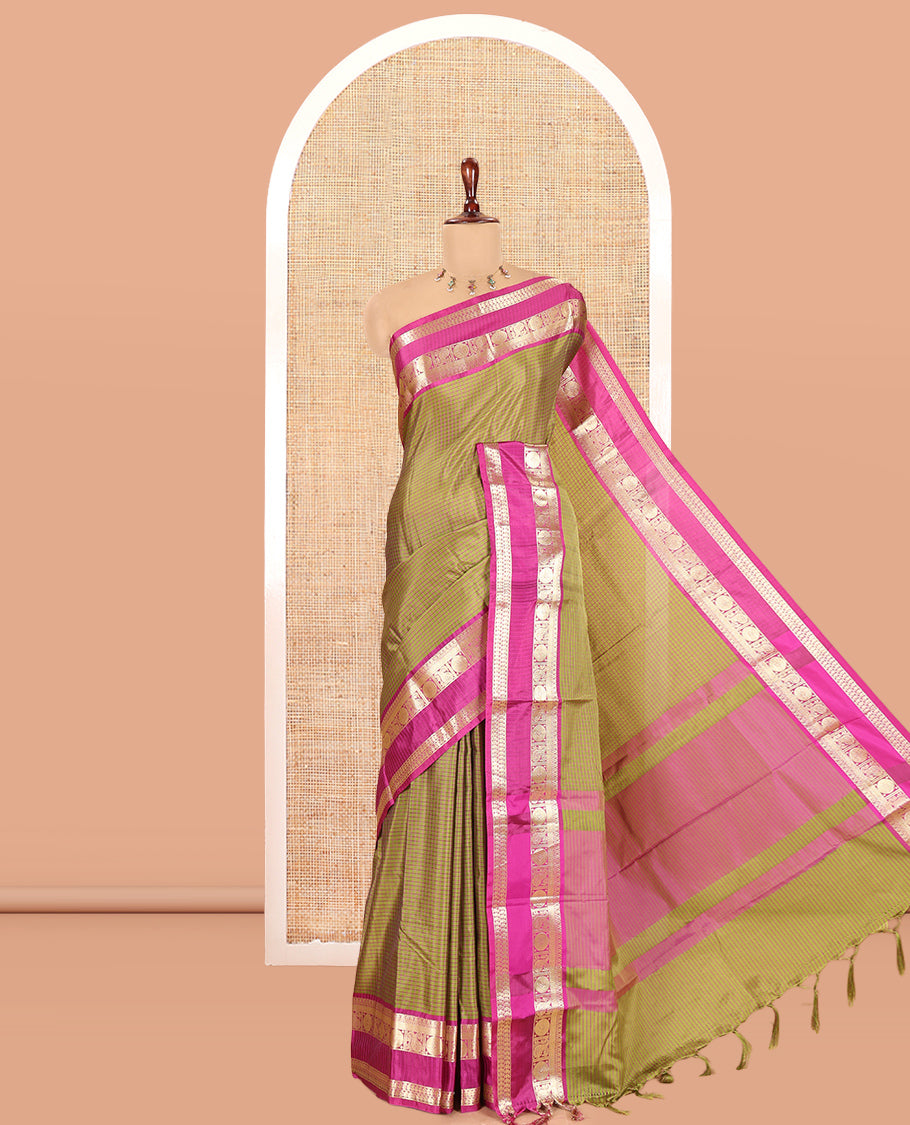 Green Striped Semi-Katan Silk Saree, a Contrast Traditional Zari Border, Plain Pallu, and a Contrast Blouse