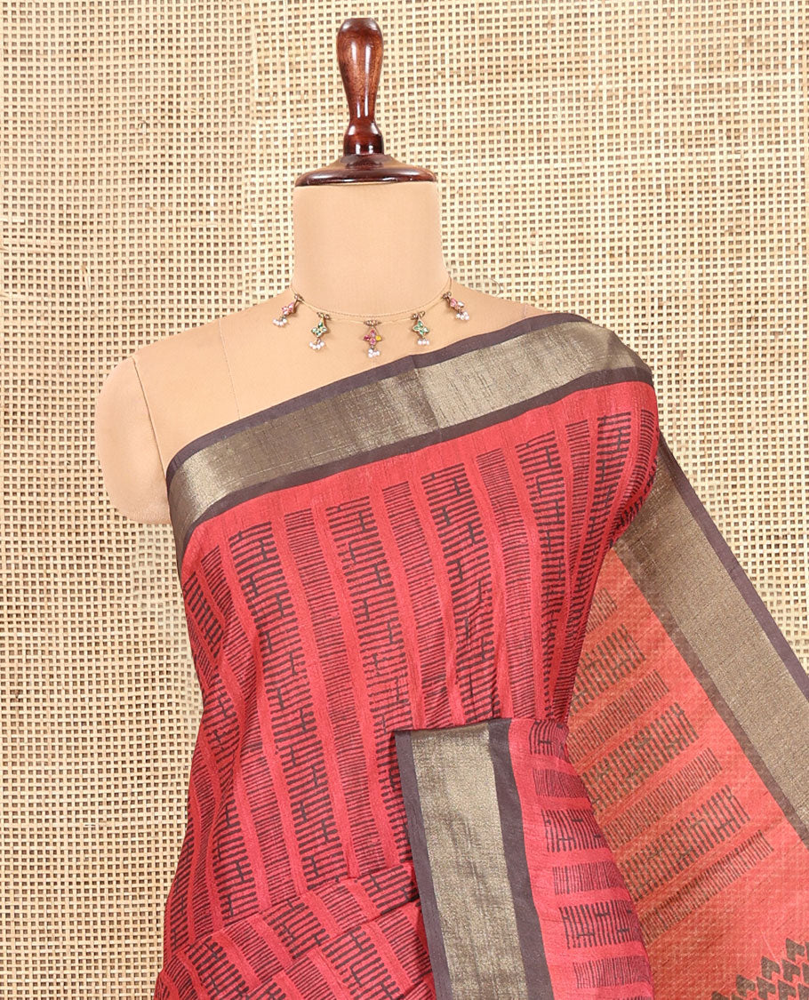 Pink Art Tussar Saree, Embellished with Geometric Patterns, a Contrast Zari Border, a Geometric Pallu, and a Contrast Blouse