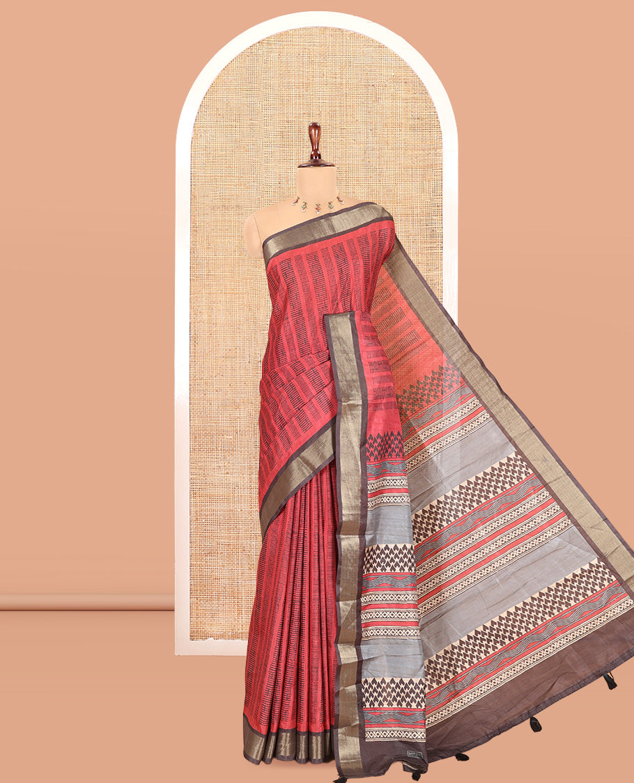 Pink Art Tussar Saree, Embellished with Geometric Patterns, a Contrast Zari Border, a Geometric Pallu, and a Contrast Blouse