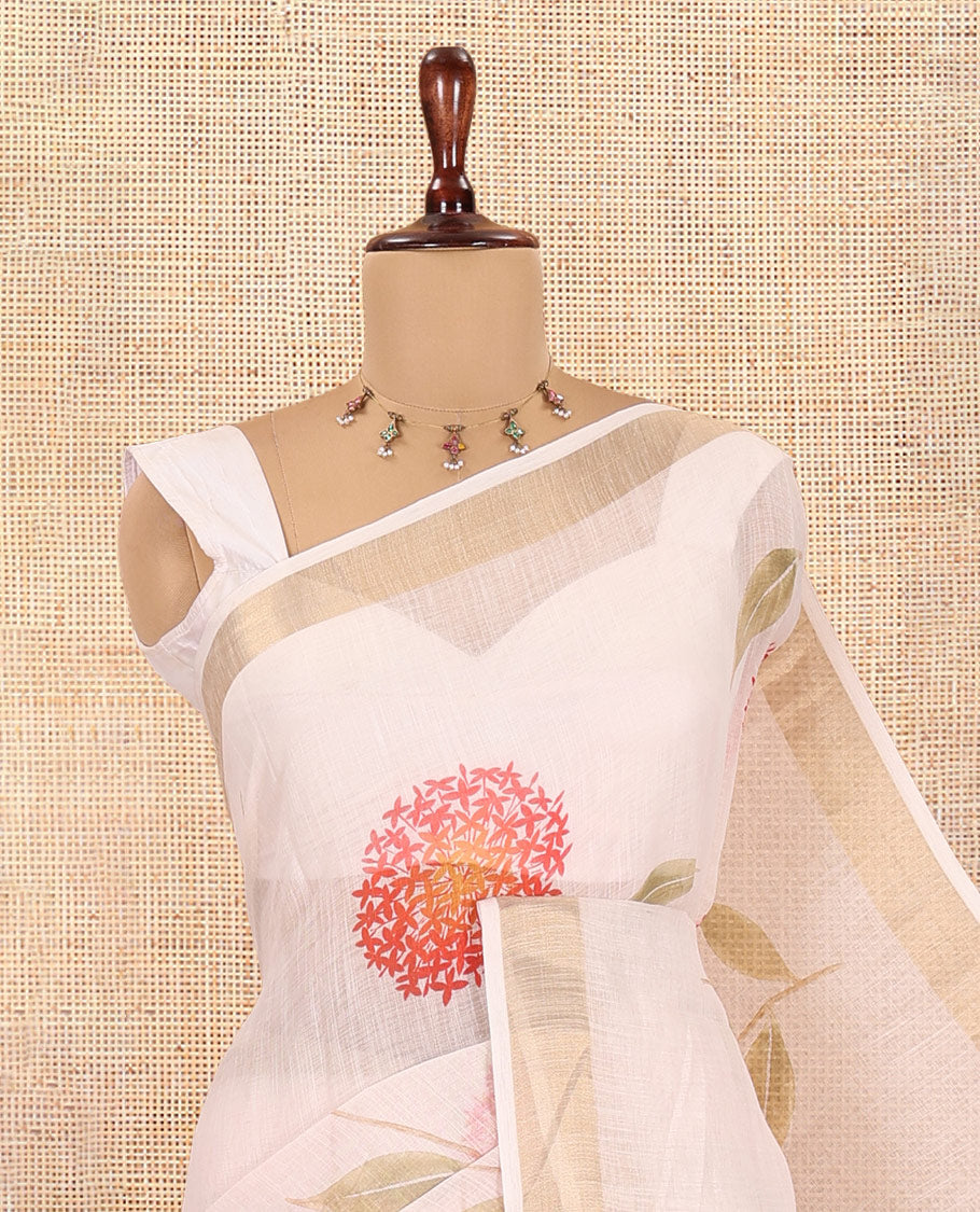 Cream Linen Cotton Saree with Unique Floral Print, a Gold Zari Border, a Contrast Blouse