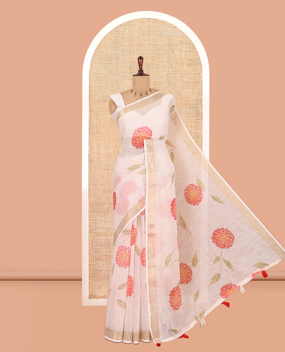 Cream Linen Cotton Saree with Unique Floral Print, a Gold Zari Border, a Contrast Blouse