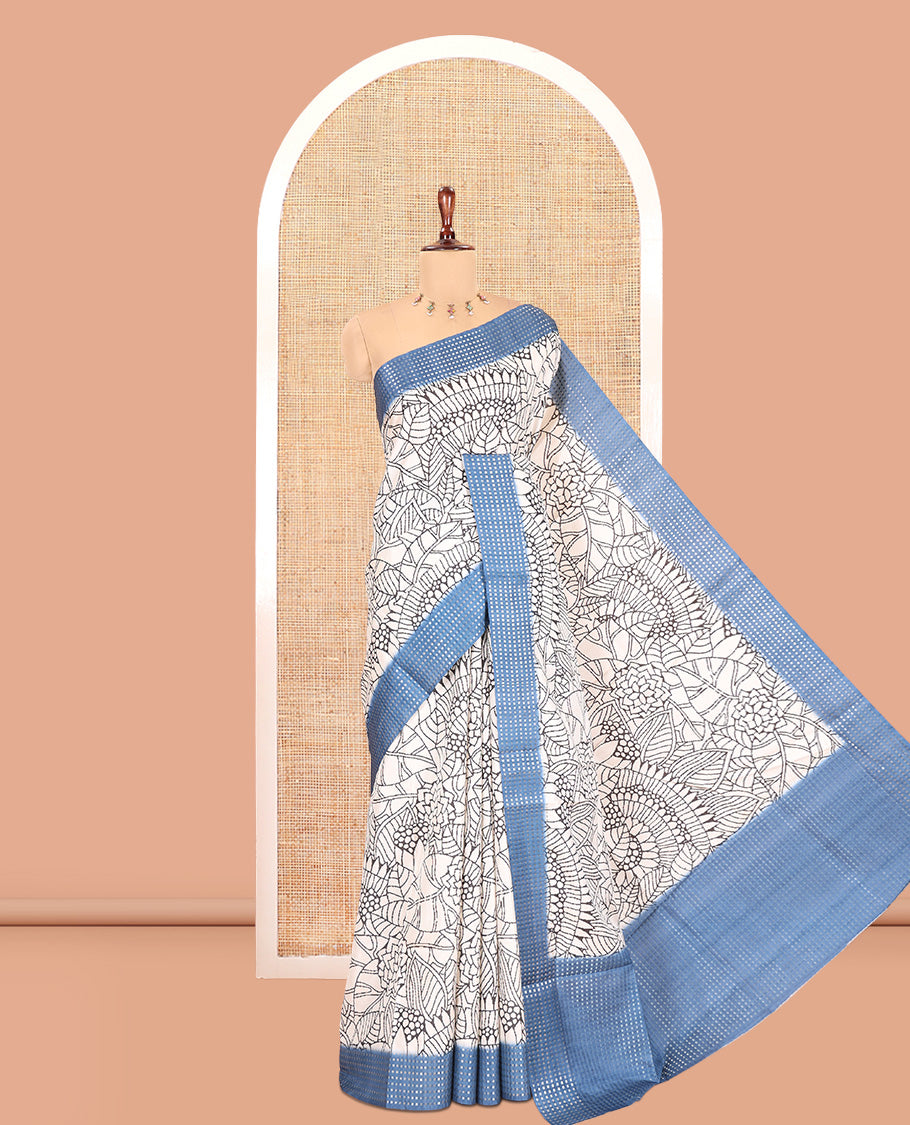 Cream-Steel Blue Dola Silk Saree, Adorned with Floral Print, a Contrast Checked Border, Pallu of Buttas, and a Contrast Blouse