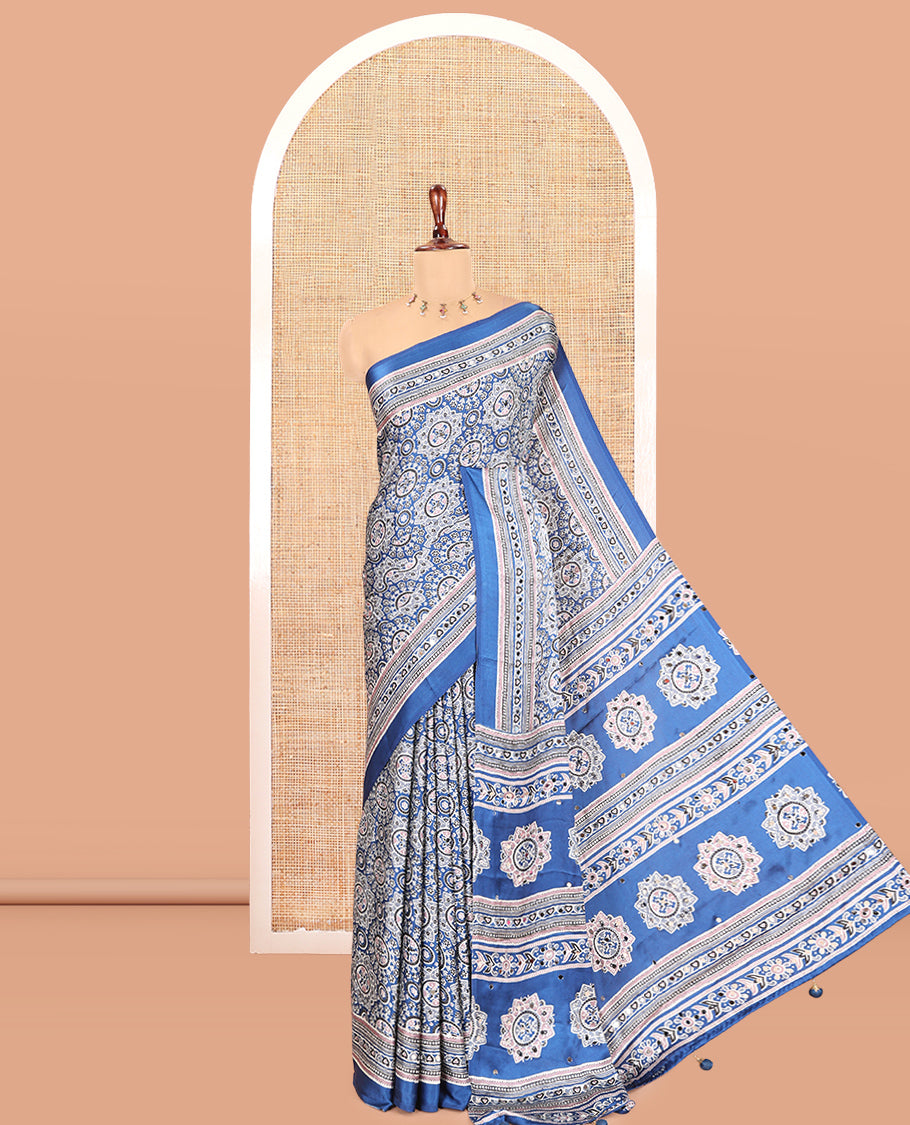 Blue Satin Crepe Saree