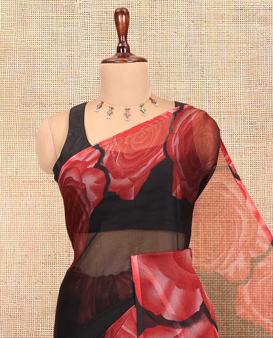 Black-Red Plain Rangoli Chiffon Saree