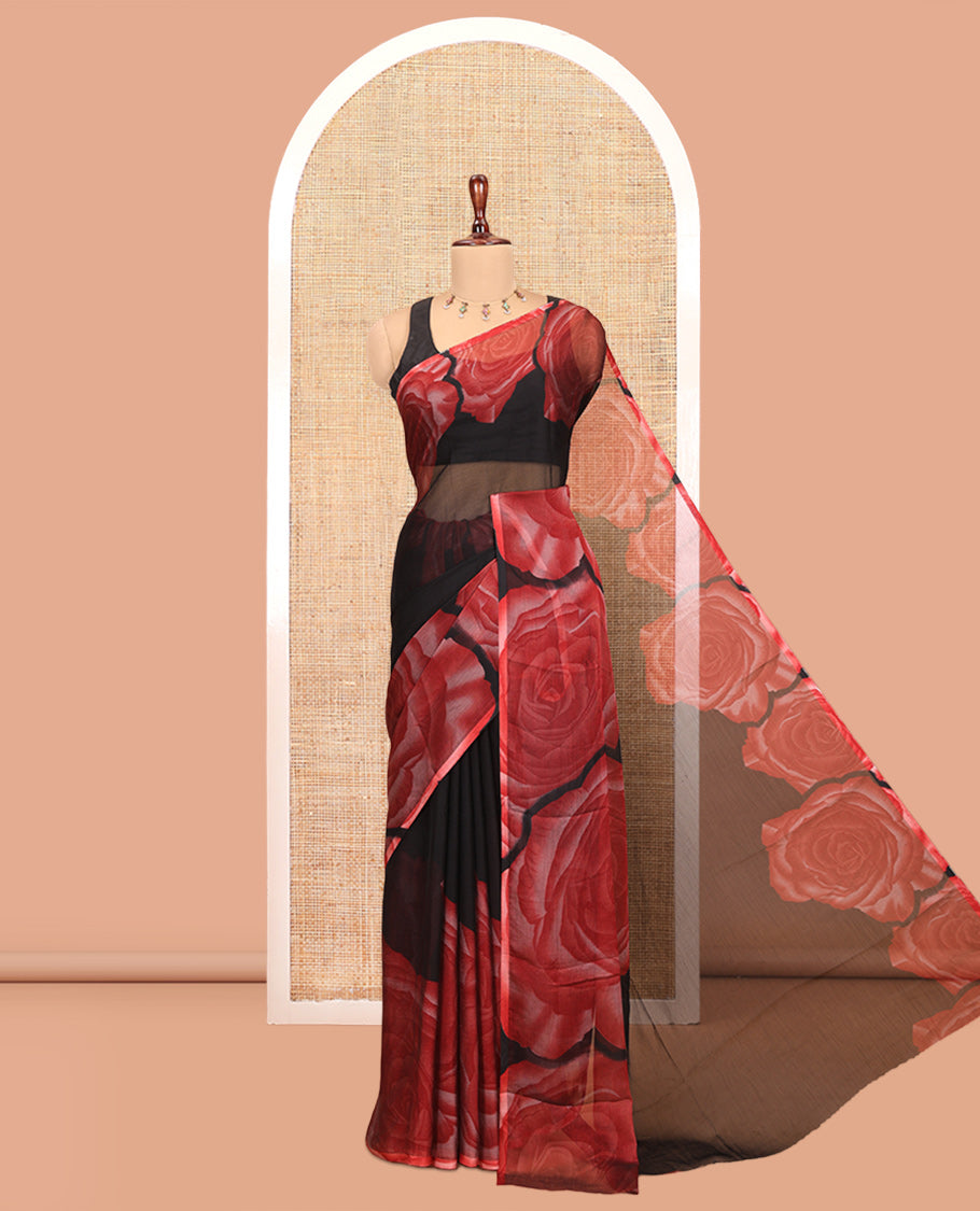 Black-Red Plain Rangoli Chiffon Saree