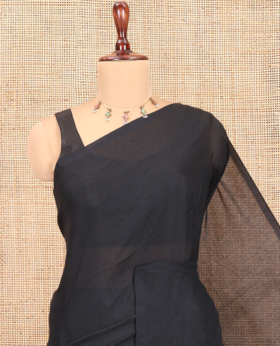 Borderless Black Plain Khadi Cotton Saree