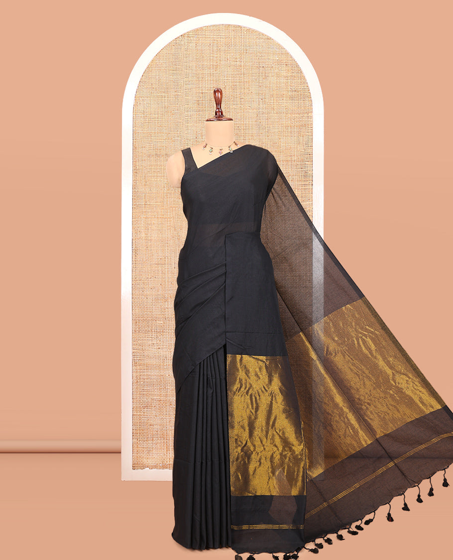Borderless Black Plain Khadi Cotton Saree