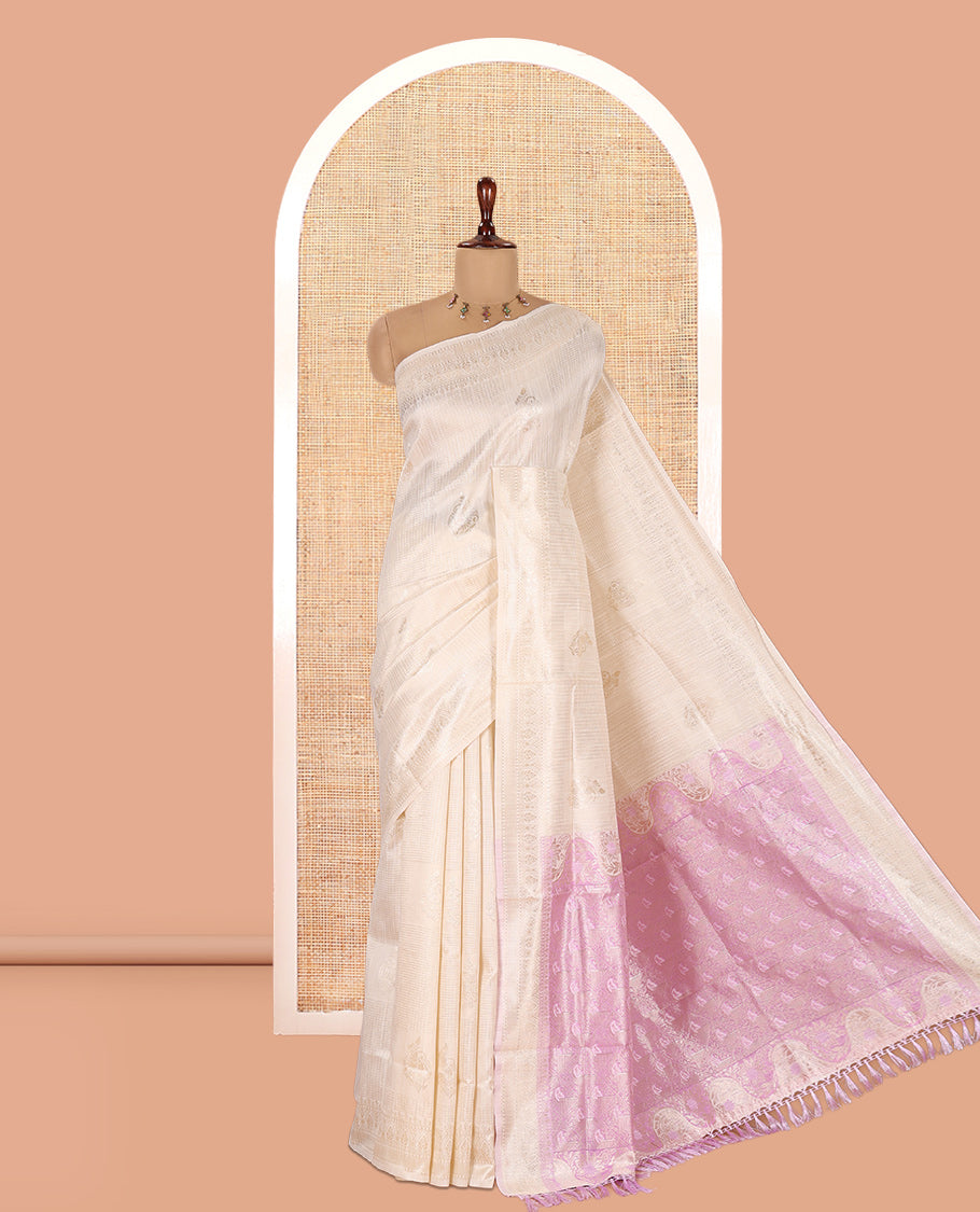 Cream-Lavender Jute Linen Saree