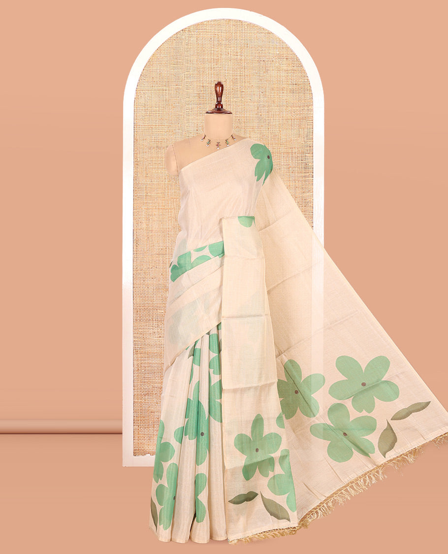 Borderless Cream-Green Tissue Cotton Saree