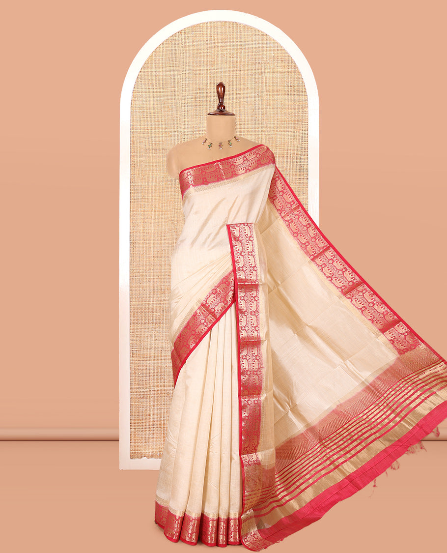 Cream-Rani Plain Art Tussar Saree