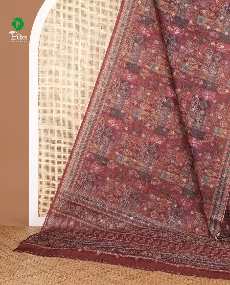 Maroon butta digital printed jaipuri kota saree with printed border & printed pallu along with butta design printed blouse