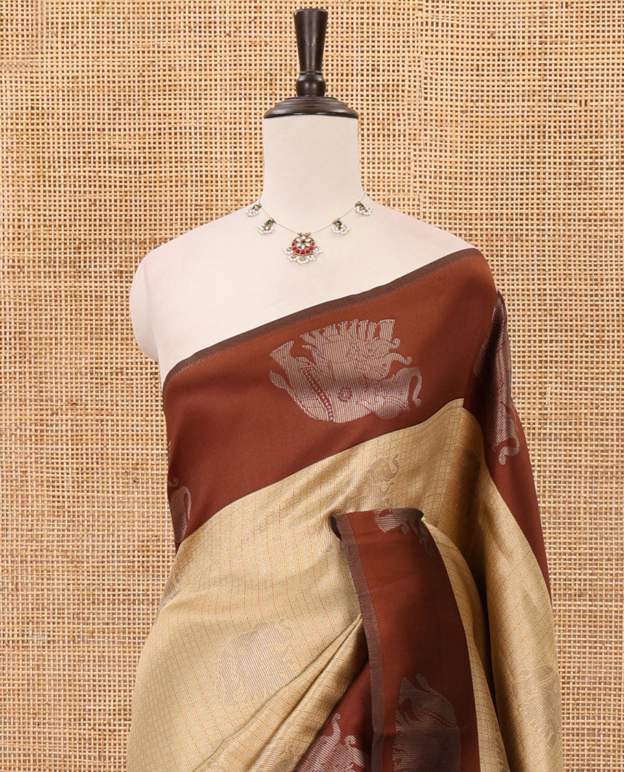 Sandal zari checked & elephant motifs woven kanchi silk saree, contrast korvai-style border of elephant motifs, intricate pallu & plain blouse