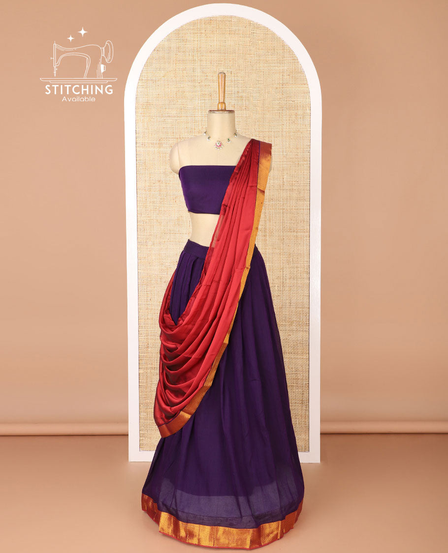 Violet mercerised cotton daman zari border half saree with cotton blouse & skya georgette one side zari border dhavani