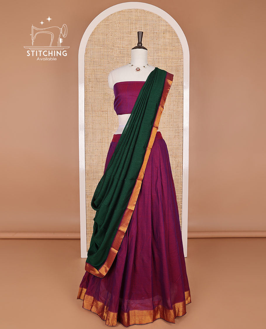 Purple mercerised cotton daman zari border half saree with cotton blouse & georgette one side zari border