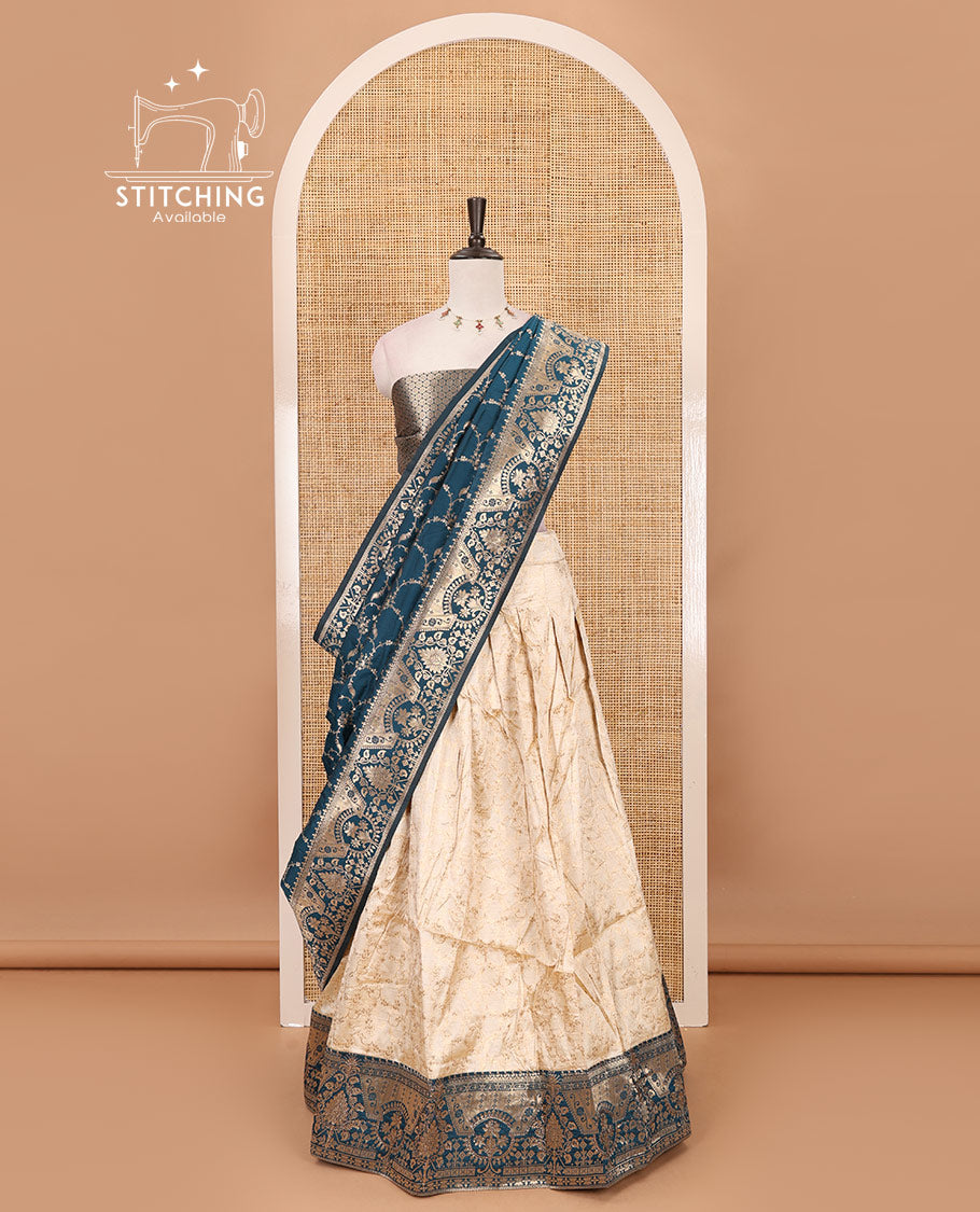 Cream-persian blue semi-banaras half-saree, floral jaal jacquard & contrast traditional zari border skirt, floral jacquard blouse & contrast zari design blouse