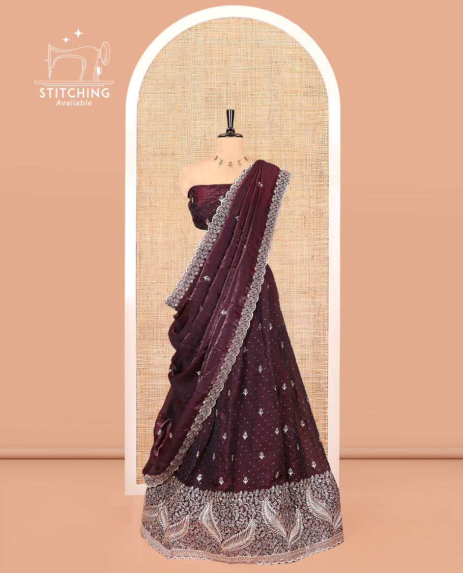 Wine Fendi Organza Half-Saree, with Embroidered Buttas on Its Skirt, Embroidered Scallop Border, Paired with a Matching Blouse, and an Embroidered Fendi Organza Scallop Dhavani