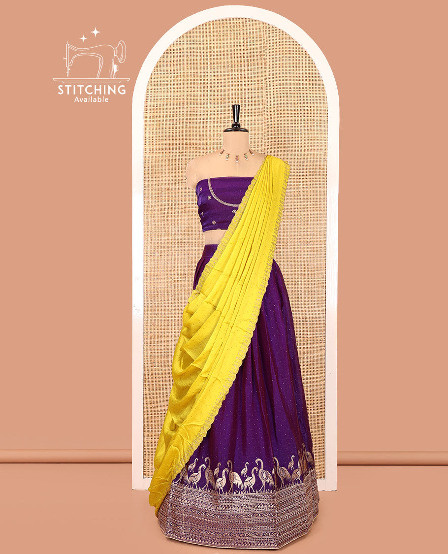 Violet Half-Saree Set, Finely Crafted with Stone Work and Bird Motifs Embroidery on Its Satin Georgette Skirt, Highlighted by Embroidered Border, Paired with a Matching Blouse, and Comes with a Contrast Scallop Stone Work Dupatta