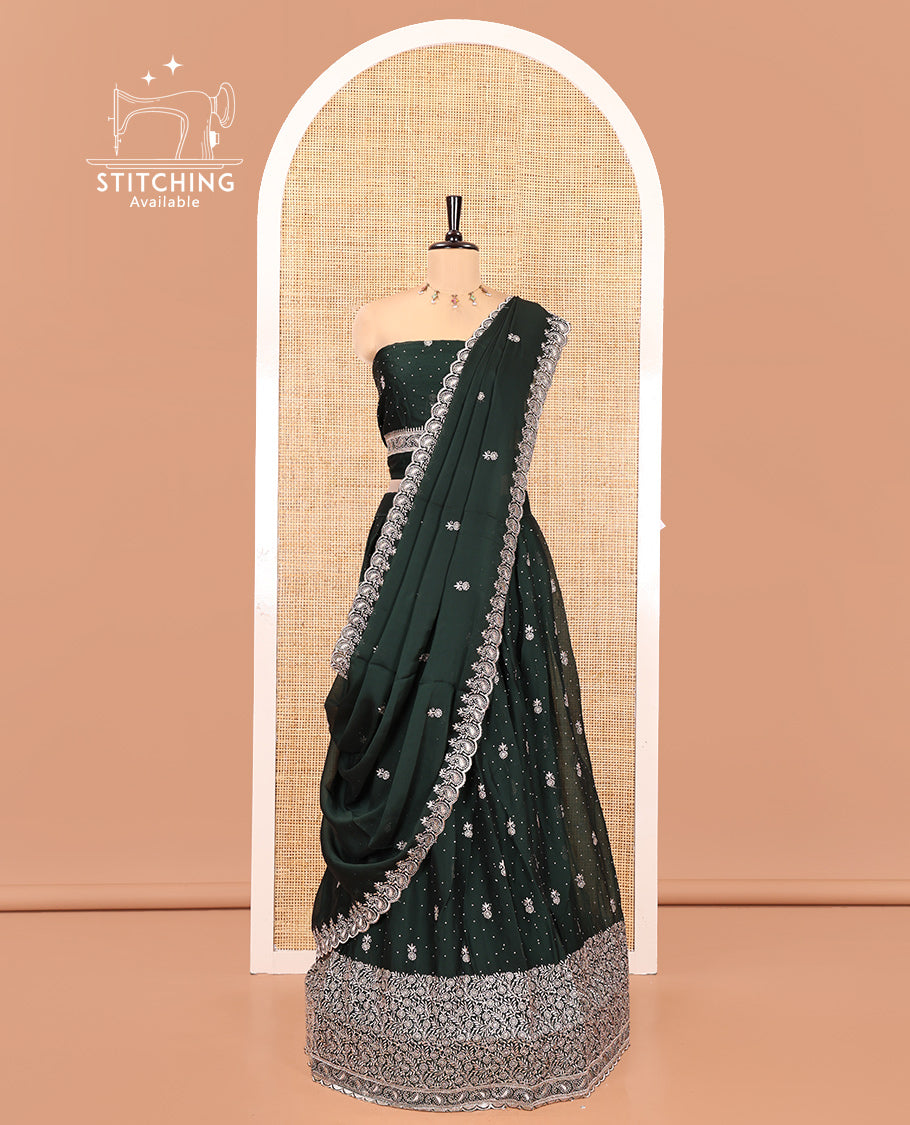 Bottle Green Georgette Half-Saree Featuring Embroidery Skirt, Floral Embroidered Border, Matching Blouse, Embroidered Dhavani