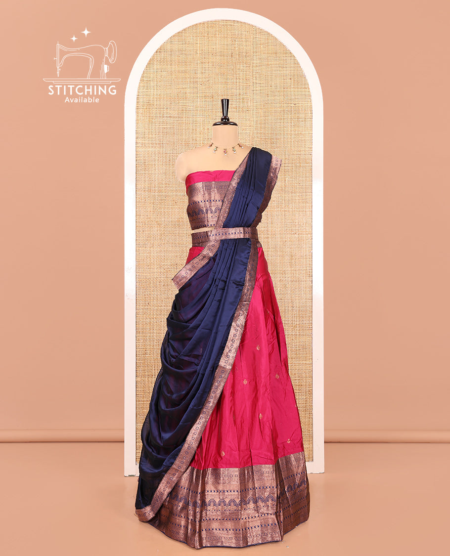 Rani Pink Semi-Banarasi Half-Saree Featuring Buttas Skirt, Contrast Traditional Border, Matching Blouse, Satin Georgette Dhavani