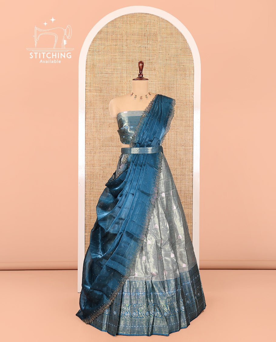 Grey-Peacock Blue Banarasi Half-Saree Features Buttas Skirt, Contrast Traditional Border, Matching Blouse, and Burberry Stonework Dhavani