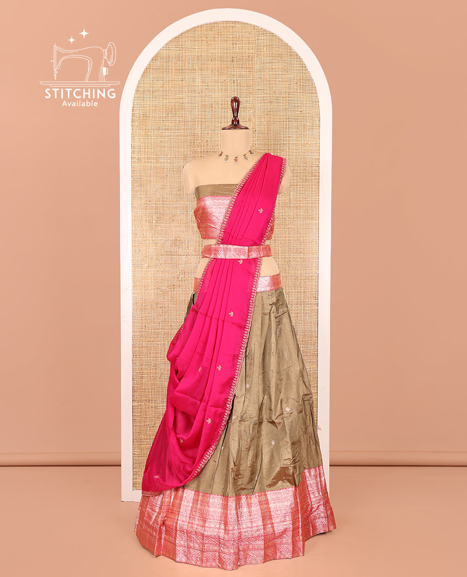 Gold-Rani Pink Banarasi Silk Half-Saree Features Buttas Skirt, Contrast Traditional Border, Matching Blouse, Contrast Embroidered Dhavani