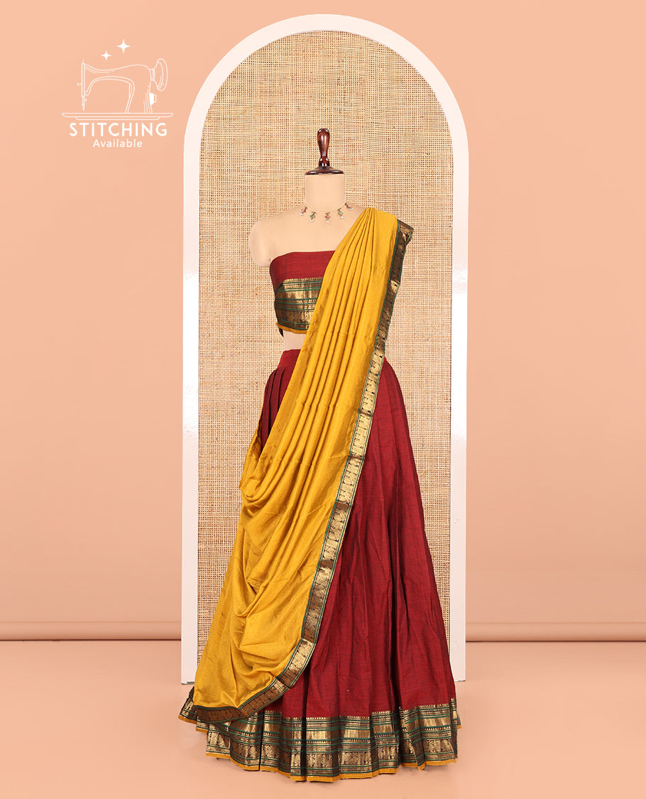 Red-Yellow Chettinad Cotton Half-Saree, Contrast Traditional Annam Bordered Skirt, Matching Blouse, and a Contrast Dhavani