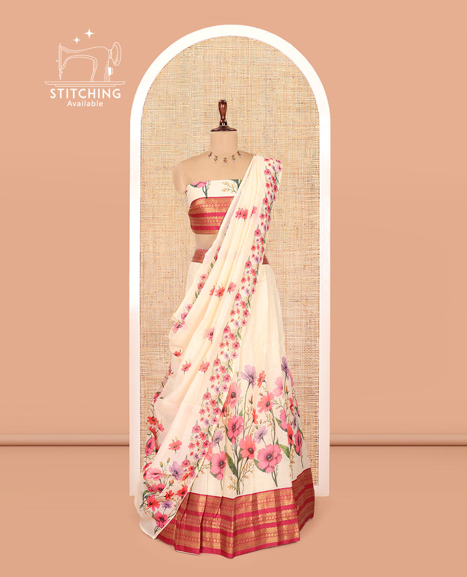 Cream-Rani Pink Semi-Silk Half-Saree Features Floral-Printed Skirt, a Contrast Traditional Border, a Matching Blouse, a Floral Dhavani