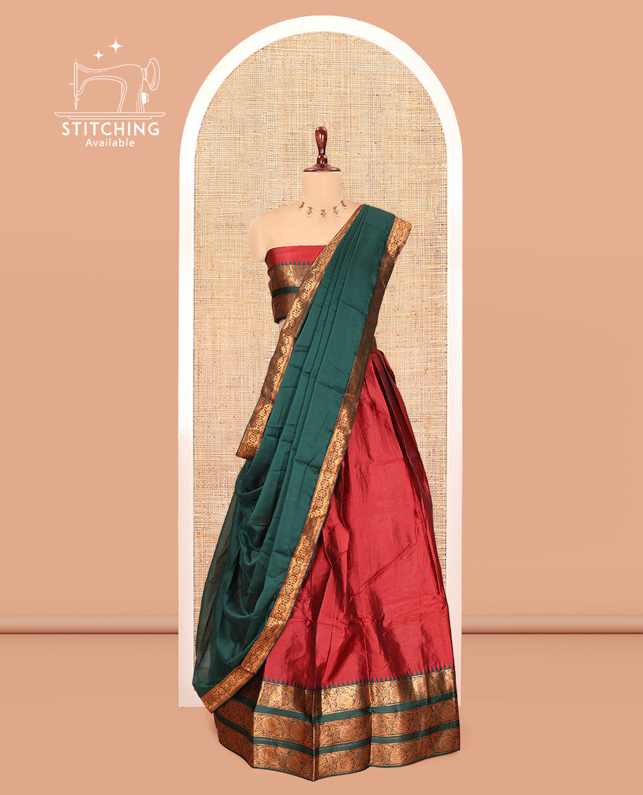 Red Semi-Banarasi Half-Saree Features Plain Skirt, Contrast Floral Creeper Zari Border, Matching Blouse, Contrast Dhavani