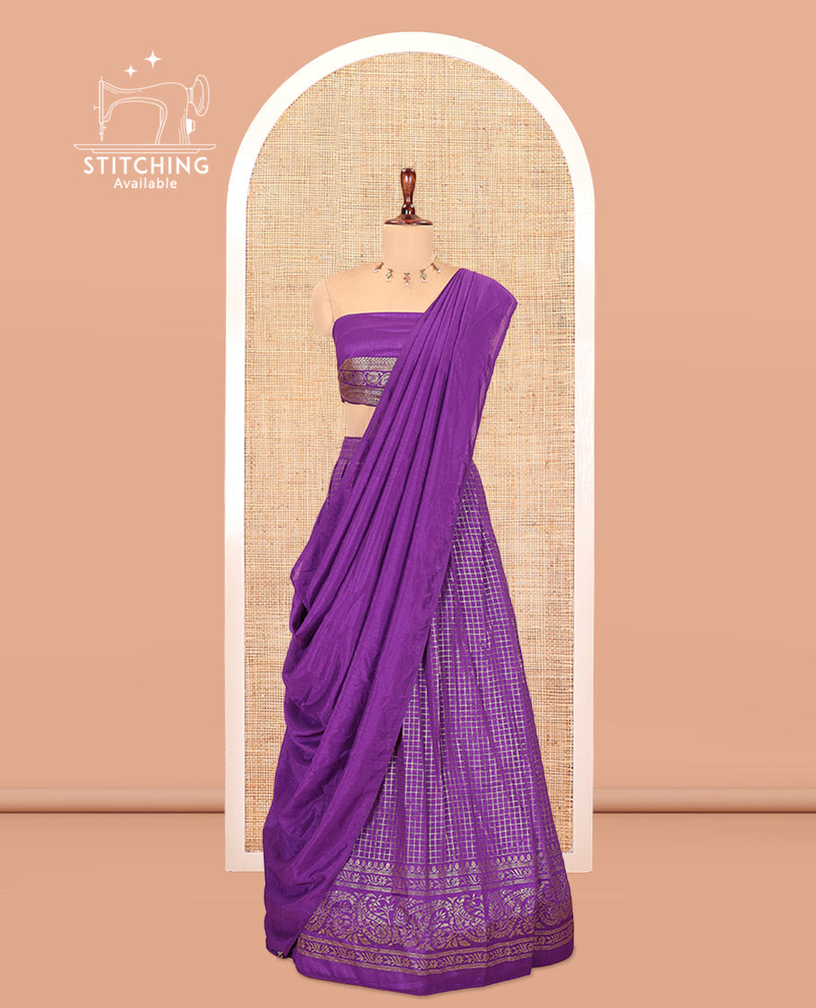 Violet Vichitra Silk Half Saree with Zari Checks, a Traditional Zari Border, Matching Blouse and a Dhavani