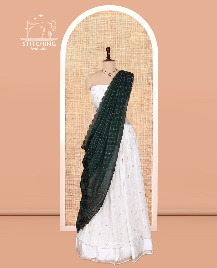 Cream-Bottle Green Viscose Georgette Hlaf-saree, Buttas Skirt, Matching Blouse, Contrast Checked Dhavani