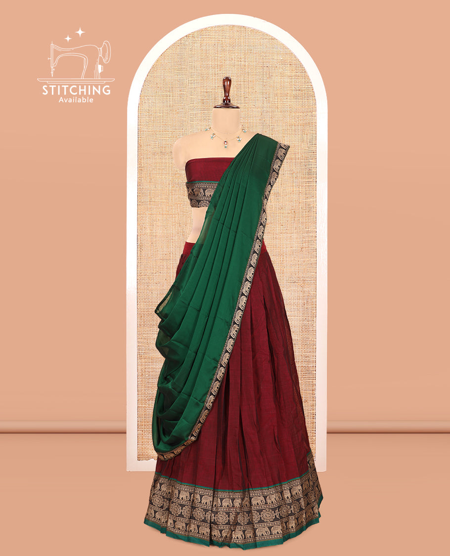 Maroon Mercerised Cotton Half-Saree, Plain Skirt, an Elephant Motif Border, a Matching Blouse, Contrast Dhavani