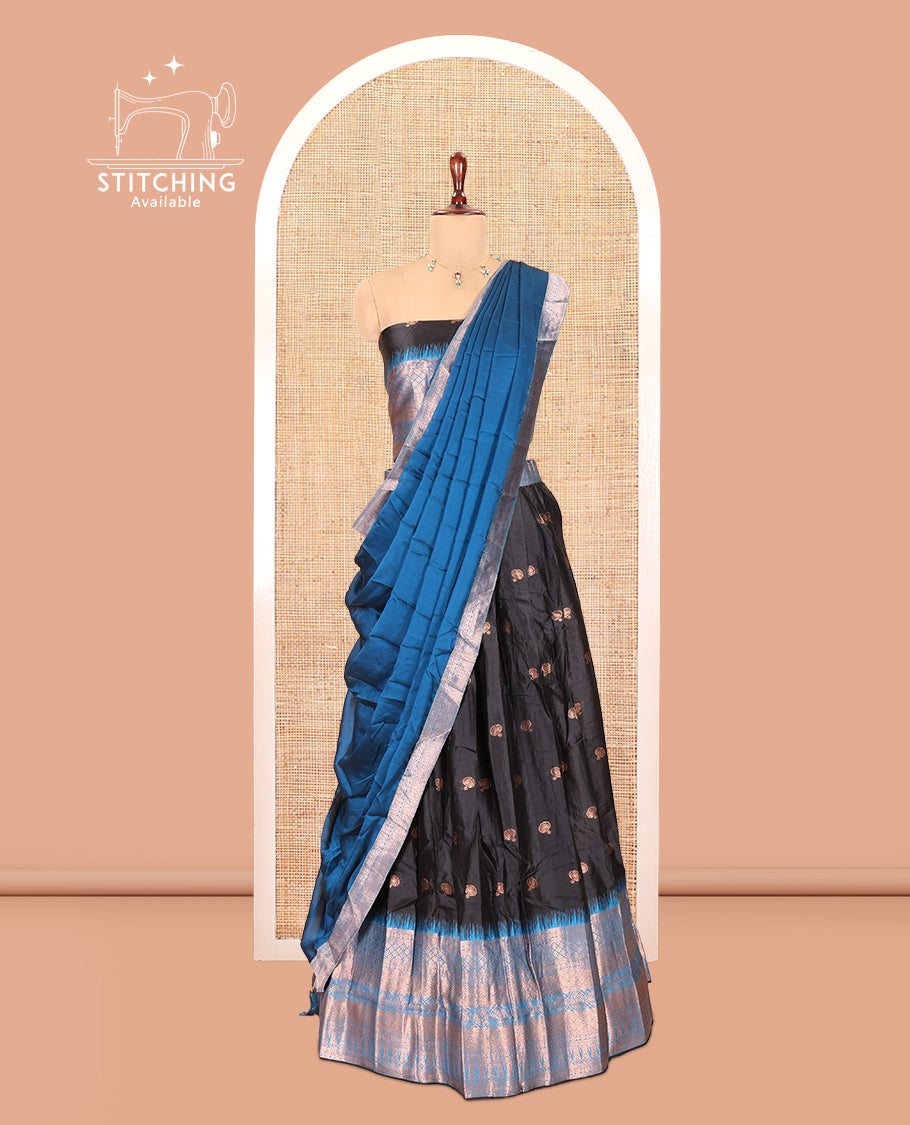 Black-Firozi Blue Semi-Silk Half-Saree Features Zari Buttas Skirt, Contrast Traditional Zari Border, a Matching Blouse, a Contrast Blouse