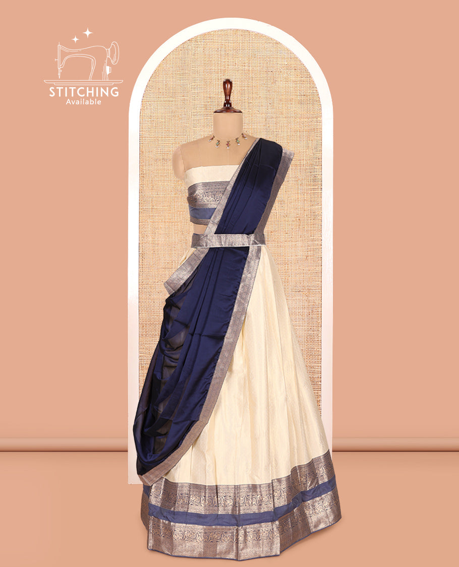 Cream-Navy Blue Semi-Silk Half-Saree