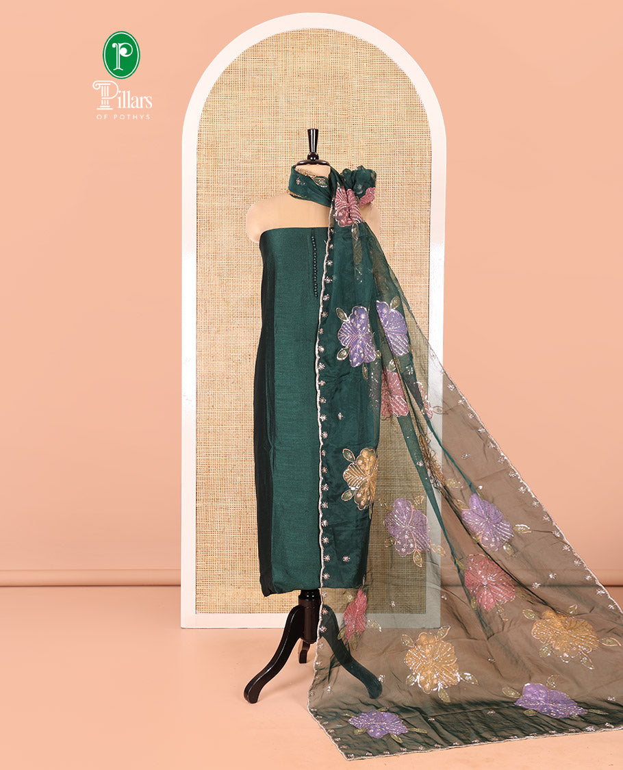 Bottle Green Vichitra Silk Material Chudidar Set, Adorned with Pom-Pom Necklined Top, a Plain Santoon Bottom, and Paired Scallop Multi-Color Floral Embroidered Organza Dupatta