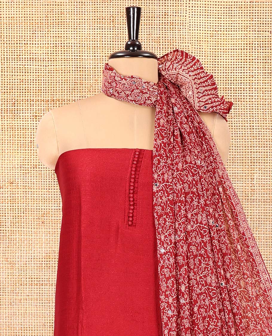 Red Material Chudidar Set, Subtly Woven with Pom-Pom Potli Neck Vichitra Silk Top, a Plain Santoon Bottom, Paired with Crushed Georgette Dupatta of Ajrakh Print and Mirror Work