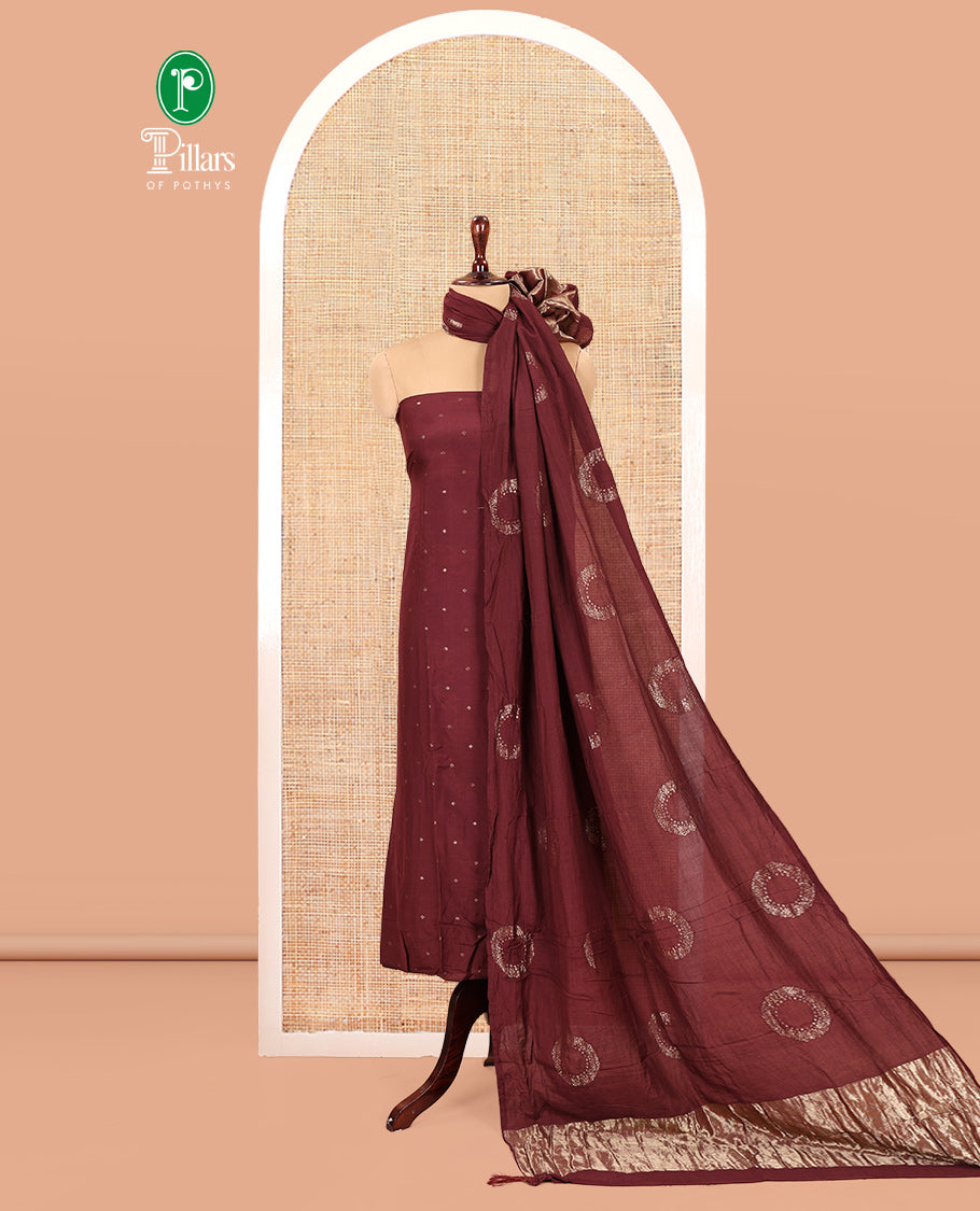 Maroon Mul Chanderi Material Chudidar Set, Subtly Sparkled with Buttas Top, a Matching Bottom, and a Circle Motif Woven Dupatta