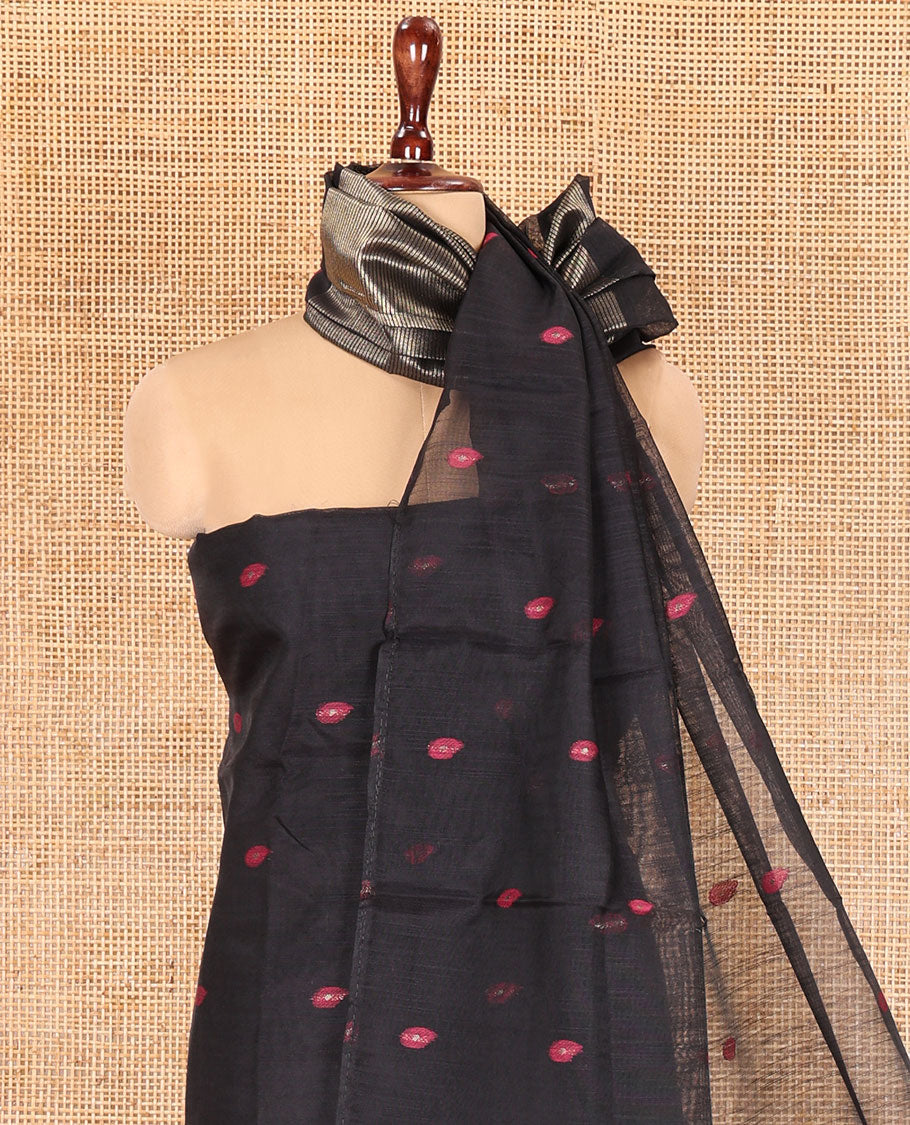 Black Semi-Linen Material Churidar, Delicately Woven with Thread Buttas Skirt, a Plain Bottom, and a Thread Buttas Dupatta