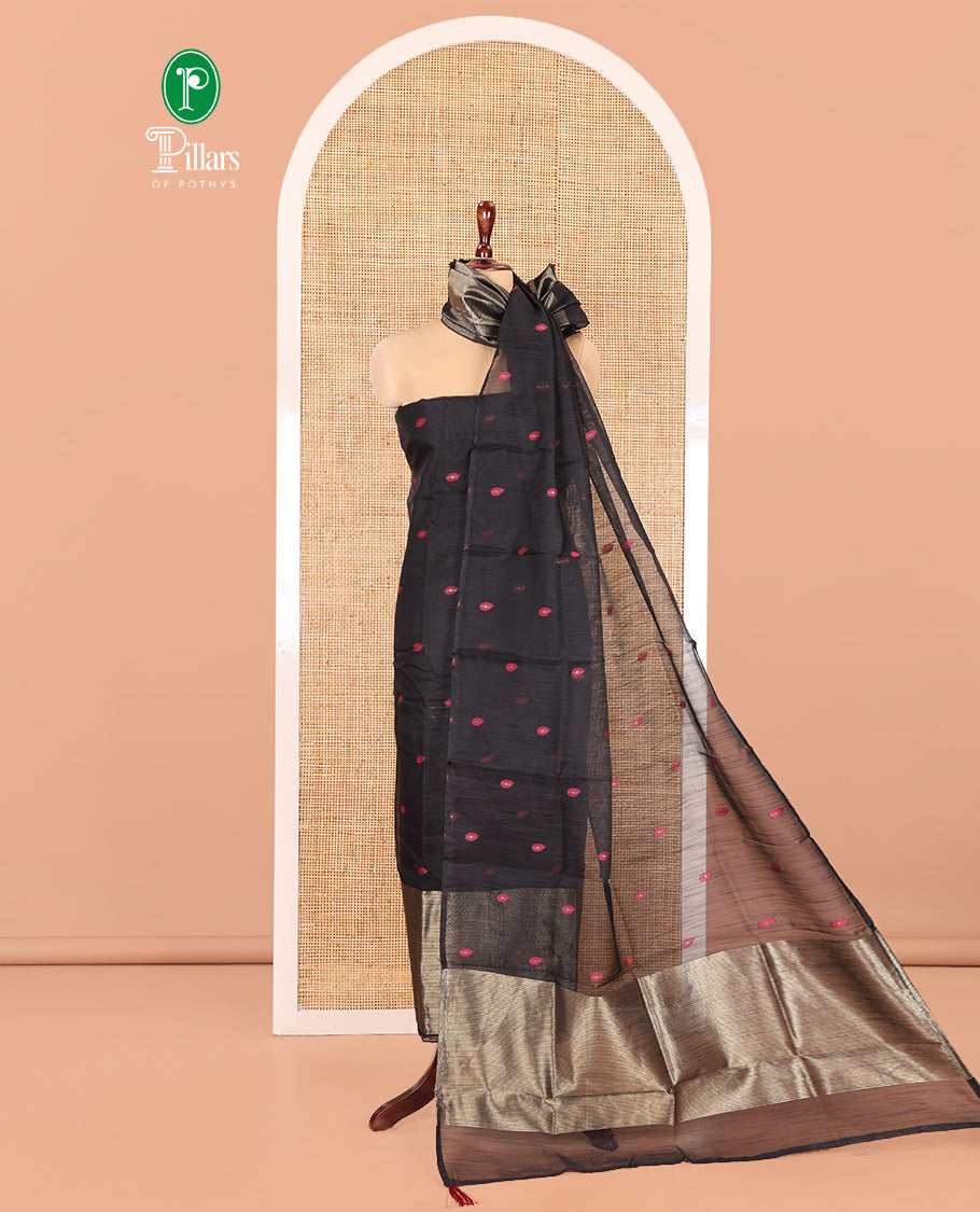 Black Semi-Linen Material Churidar, Delicately Woven with Thread Buttas Skirt, a Plain Bottom, and a Thread Buttas Dupatta
