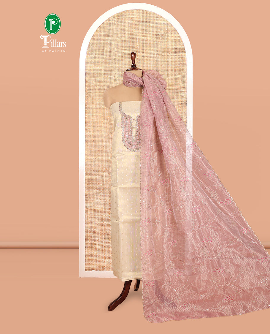 Cream-Purple Banarasi Tissue Material Churidar Feature Embroidered Top, a Contrast Bottom, and Embroidered Dupatta
