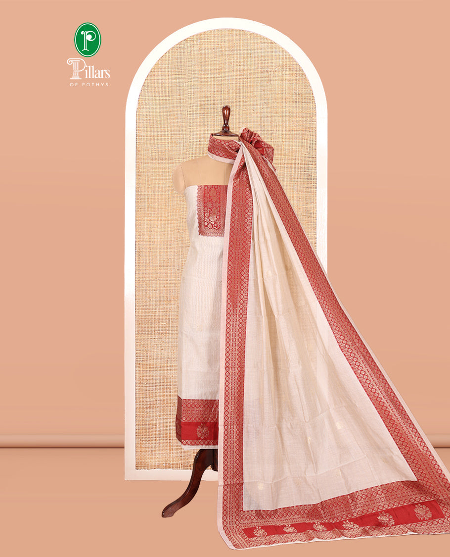 Chikku-Maroon Semi-Khadi Silk Material Chudidar, Zari Neckwork Top, Matching Bottom, Matching Dupatta