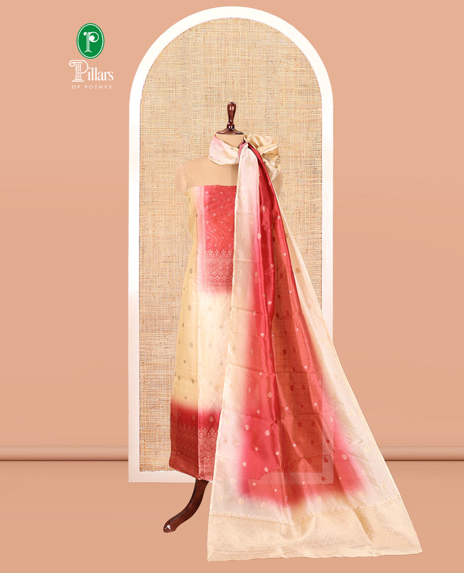 Chikku-Pink Semi-Tussar Material Chudiddar, Buttas and Neck Work Top, Contrast Bottom, Buttas Dupatta
