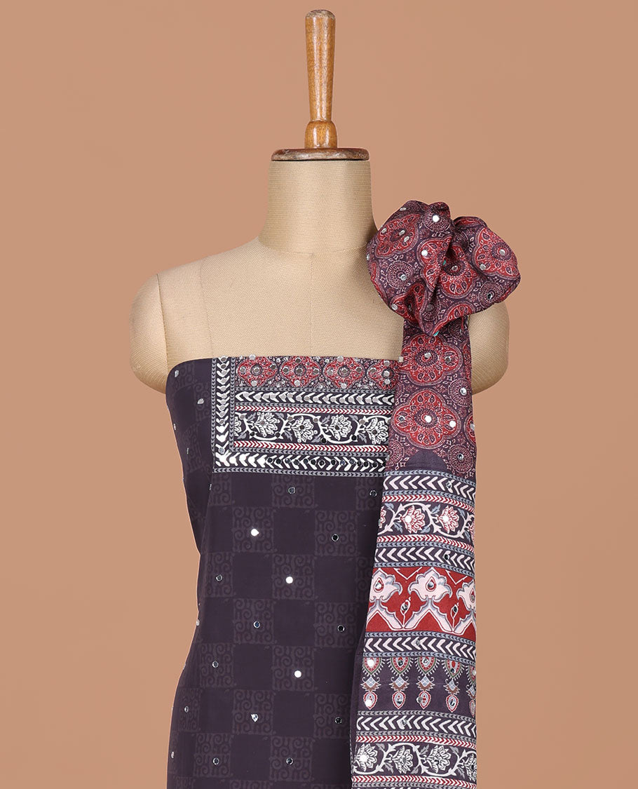 Black negative print, ajrakh print, mirror work crepe chudidhar material top with american crepe pant & ajrakh print, mirror work dupatta
