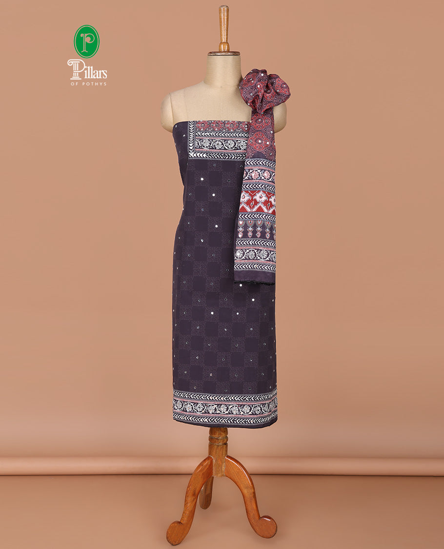 Black negative print, ajrakh print, mirror work crepe chudidhar material top with american crepe pant & ajrakh print, mirror work dupatta