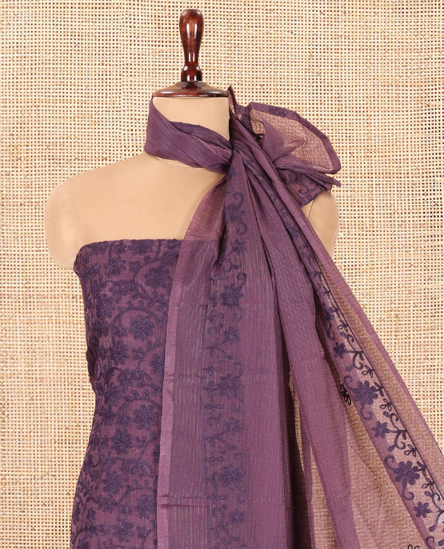 Dark Purple Kota Chex Material Chudiddar, Floral Vine Embroidered Top, Santoon Bottom, Embroidered Dupatta