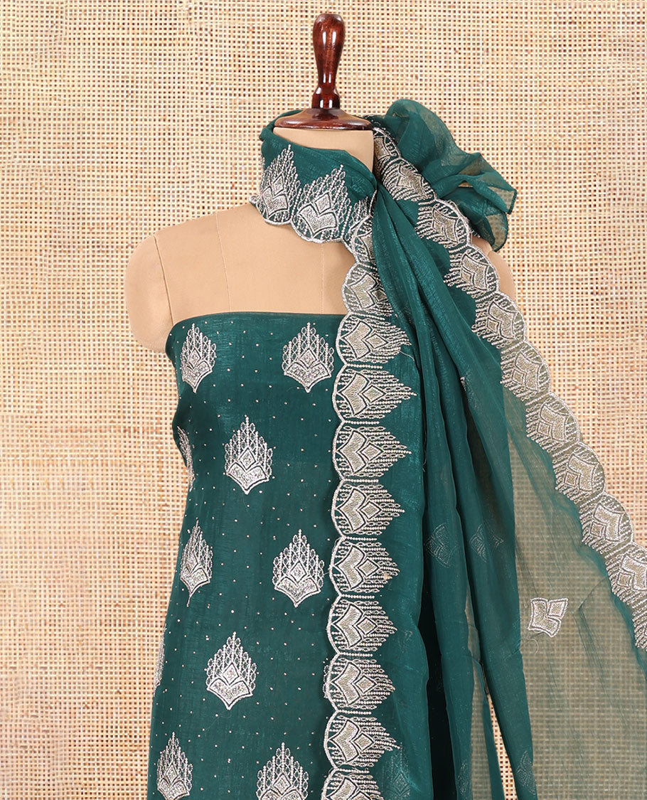 Peacock Green Crunchy Chiffon Material Chudiddar, Embroidered Top, Plain Bottom, Embroidered Scallop Dupatta