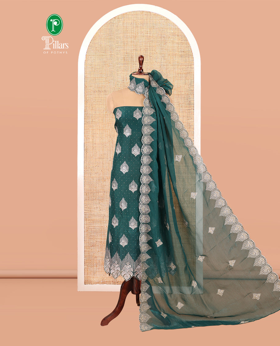 Peacock Green Crunchy Chiffon Material Chudiddar, Embroidered Top, Plain Bottom, Embroidered Scallop Dupatta