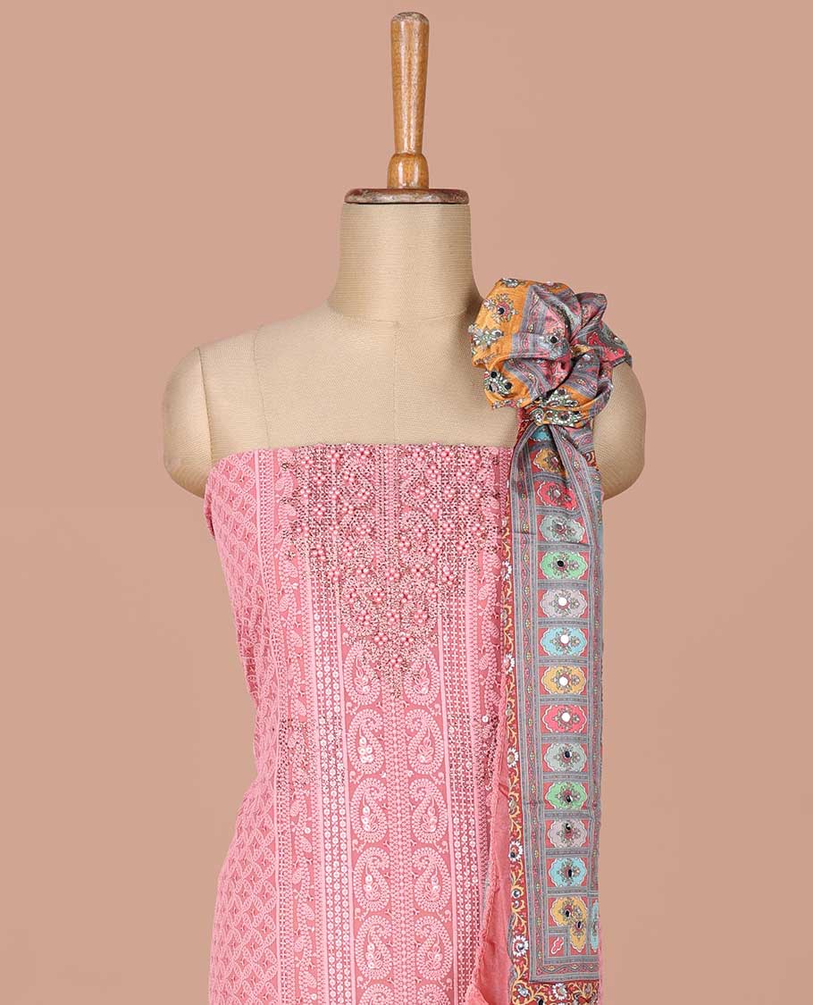 Onion pink georgette shifli sequins, stone, moti work chudidhar material top with amercial crepe pant & digital print, mirror work dupatta