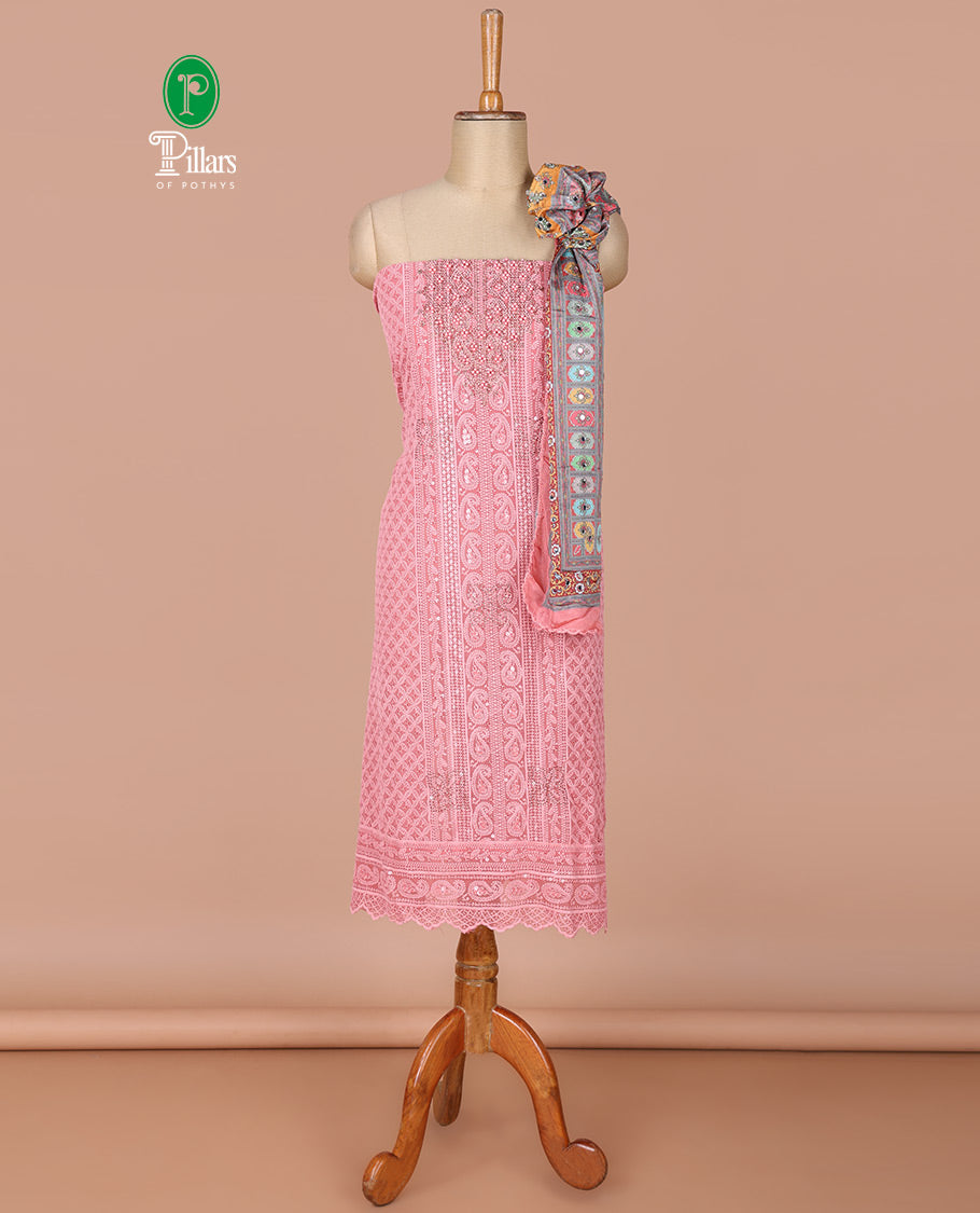 Onion pink georgette shifli sequins, stone, moti work chudidhar material top with amercial crepe pant & digital print, mirror work dupatta